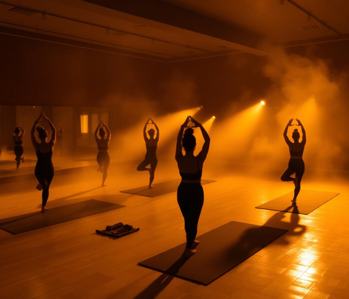 Sala de hot yoga com luz âmbar